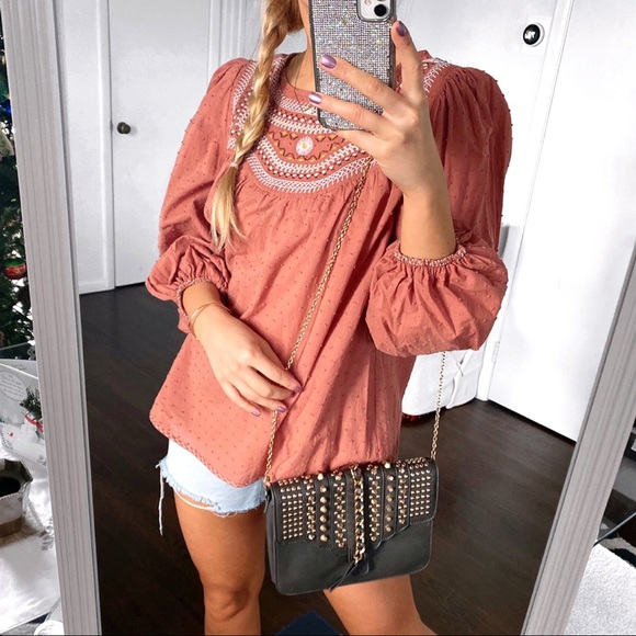 π MAX STUDIO BOHO TAUPE FLORAL EMBROIDERED LOOSE TOP! - Picture 13 of 13